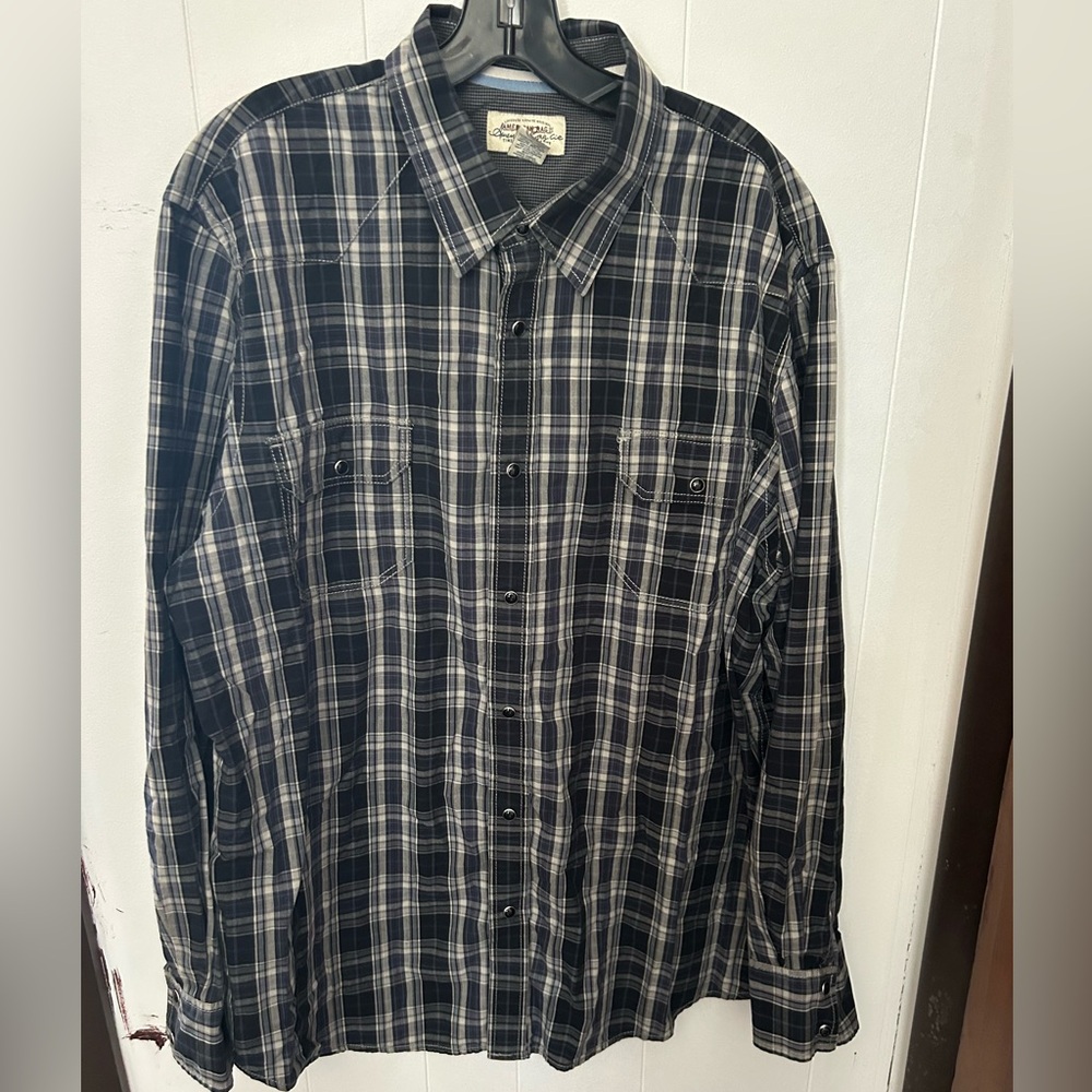 American Rag Navy Blue Tan Plaid Snap-front Collar Long sleeve SHIRT men XXL